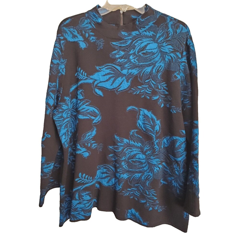 Chico's Black Floral Mock Neck Back-Zip Tunic Sweater Size 4 (XXL)